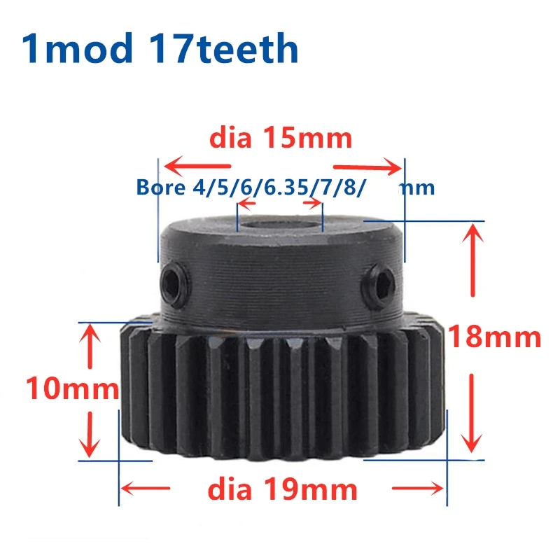 스퍼 기어 금속 캠 기어 D 보어 피니언 스틸 변속기 산업 RC카, 1 mod 17 톱니, 1 M, 15T, 16T, 17 T, 18T, 19T 모터, 1 개
