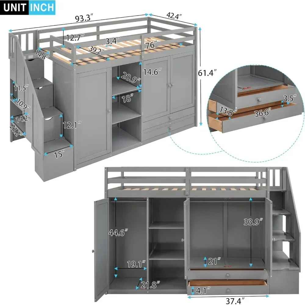 Bed Frame Functional Twin Loft Bed with Stairs 2Drawer and 3 Shelves Twin Size Loft Bed Frame with Wardrobe No Box Spring Needed 3