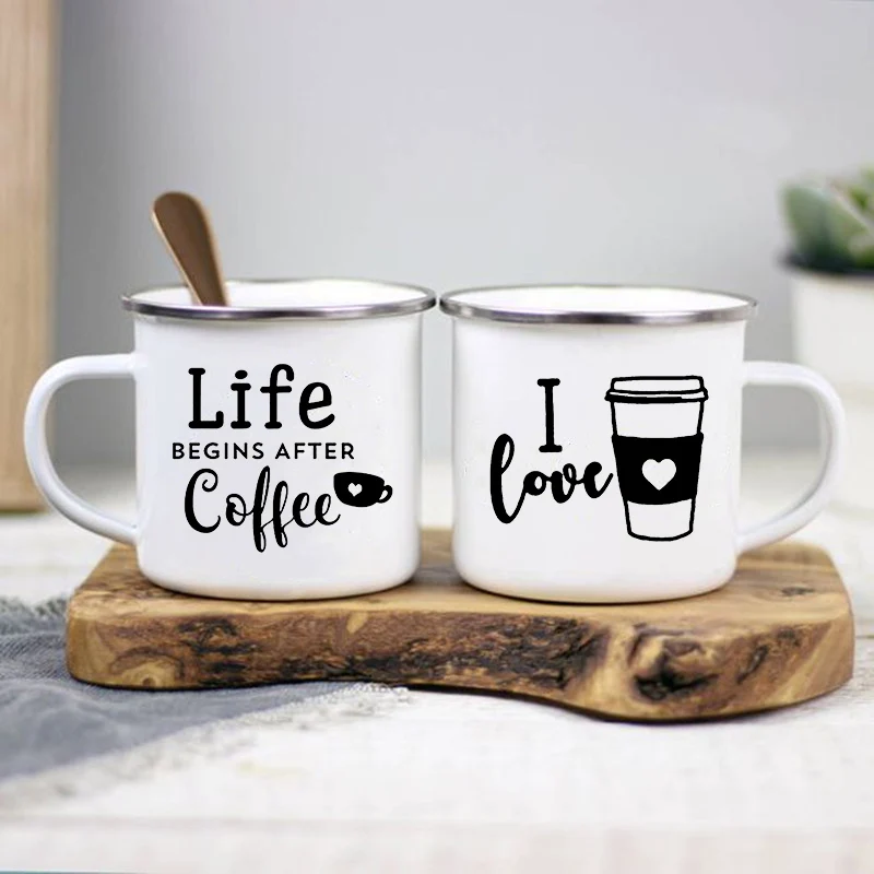 

Life Begins After Coffee Print Mugs Creative Coffee Tea Drink Dessert Breakfast Milk Cup Enamel Mugs Handle Drinkware Best Gifts