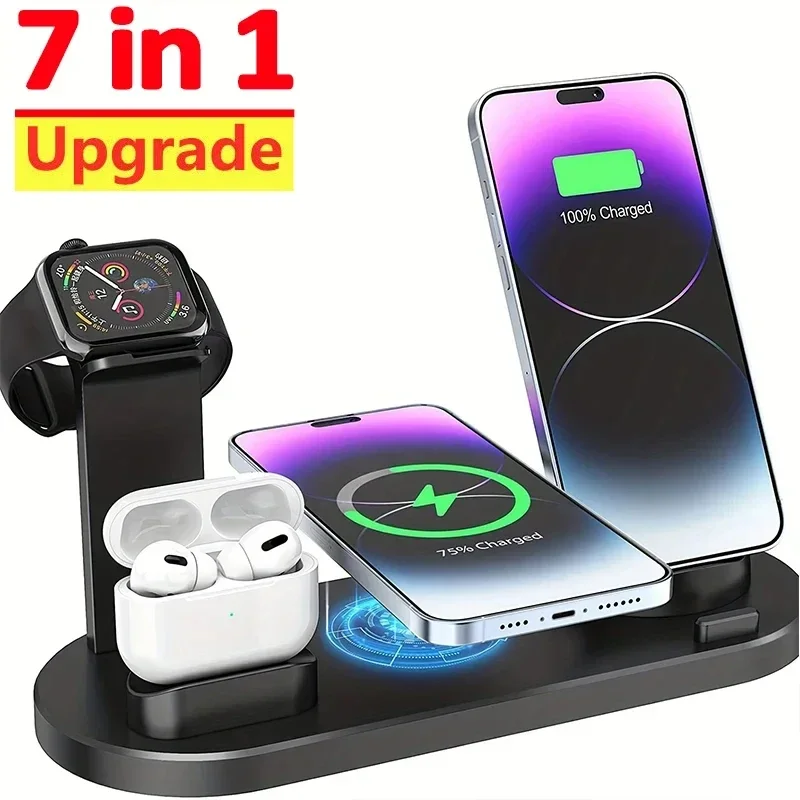 Wireless Charger 7 In 1 Stand Pad For iPhone 15 14 13 12 11 X Apple Watch Airpods Desk Phone Chargers Fast Charging Dock Station