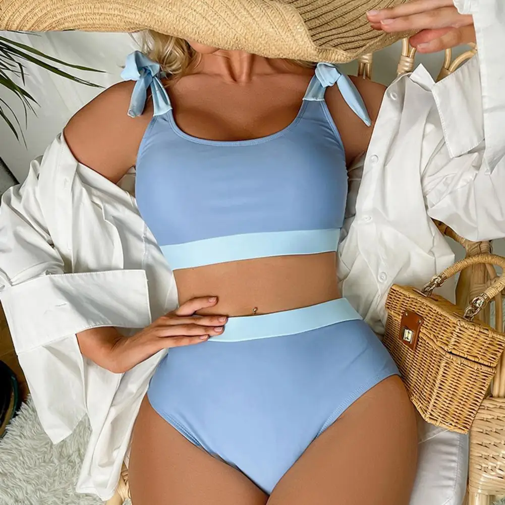 

2 Pcs/Set Summer Beach Bikini Set Contrast Color Lace Up High Waist Elastic Low-cut Bathing Knot Decor Backless Summer Swimwear