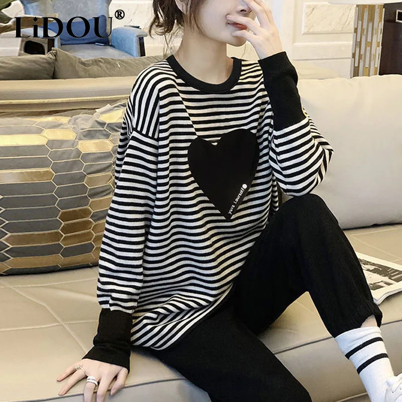 

2023 Spring Autumn Fashion Elegant Long Sleeve T-shirts Korean Pullovers Round Neck Vintage Striped Printed Tops Women Clothing