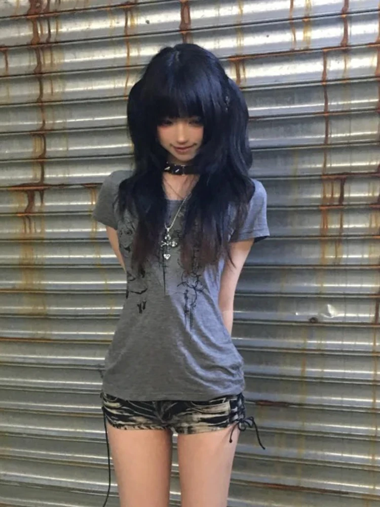 Tonngirls Japanisches Y2k-Druck-T-Shirt für Damen, kurzärmelig, schlanke Grafik-Tops, Streetwear, amerikanischer Retro-Stil, 90er-Jahre-Grunge-Tops, E-Girls – Detail 2