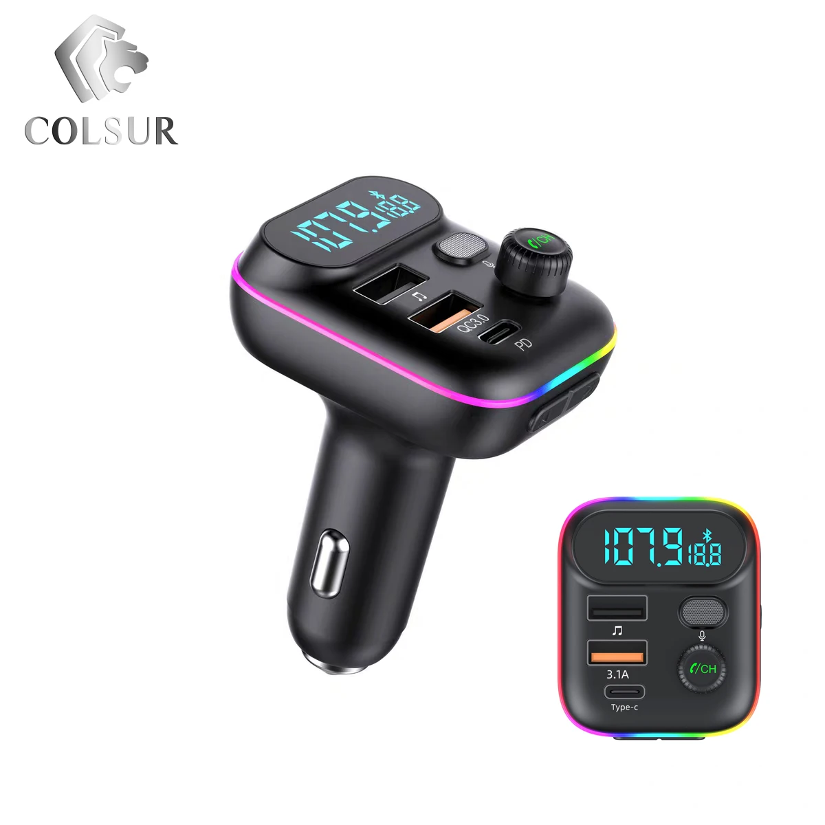 Charger Adapter Battery Charger Fast Charger Car Bluetooth 5.0 FM Transmitter Dual USB QC3.0 PD Type C Car Charger Ambient light Handsfree Mp3 Music Player Support TF Card
