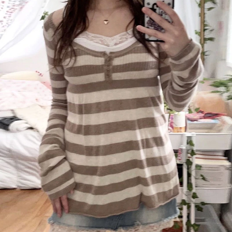 Fairy Grunge Sweater Pullovers Tops Women Y2K Stripped Babydoll Tops Vintage Long Sleeve Button Square Neck Knitted T-shirt 4
