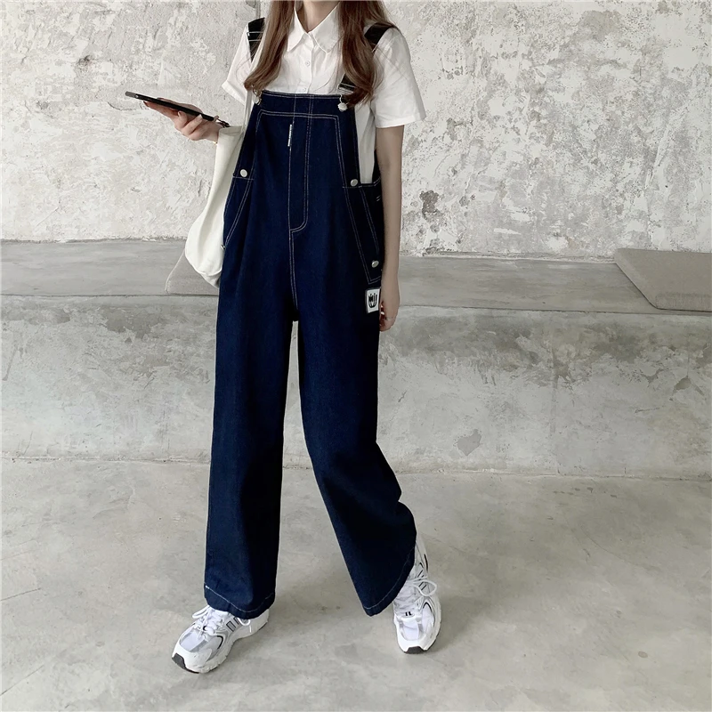 

Women's Denim Jumpsuits Blue Straight Tube Relaxed Chic Straps Trousers 2023 Korean Preppy Style Retro High Waist Denim Jeans