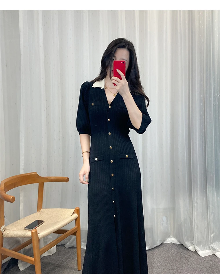 Autumn Elegant Knitted Dresses for Women Patchwork V-neck Puff Sleeve Single Breasted Midi Dress Fashion Ladies Vestidos Femme