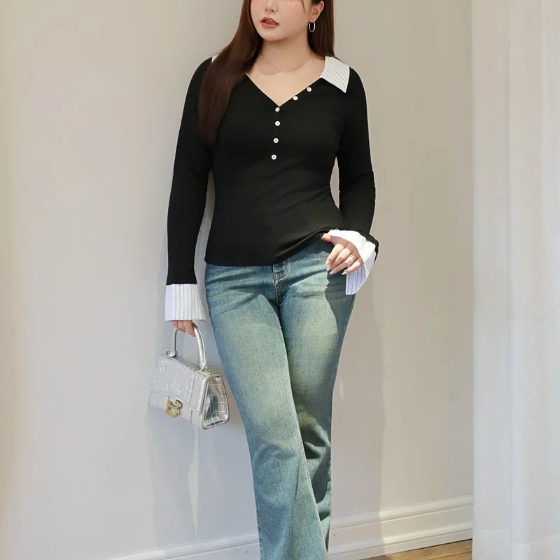 Fashion Plus Size Women's T-Shirt Premium Fake Two Pieces Cinched Waist Tops Color Blocking Lapel Tees 9311