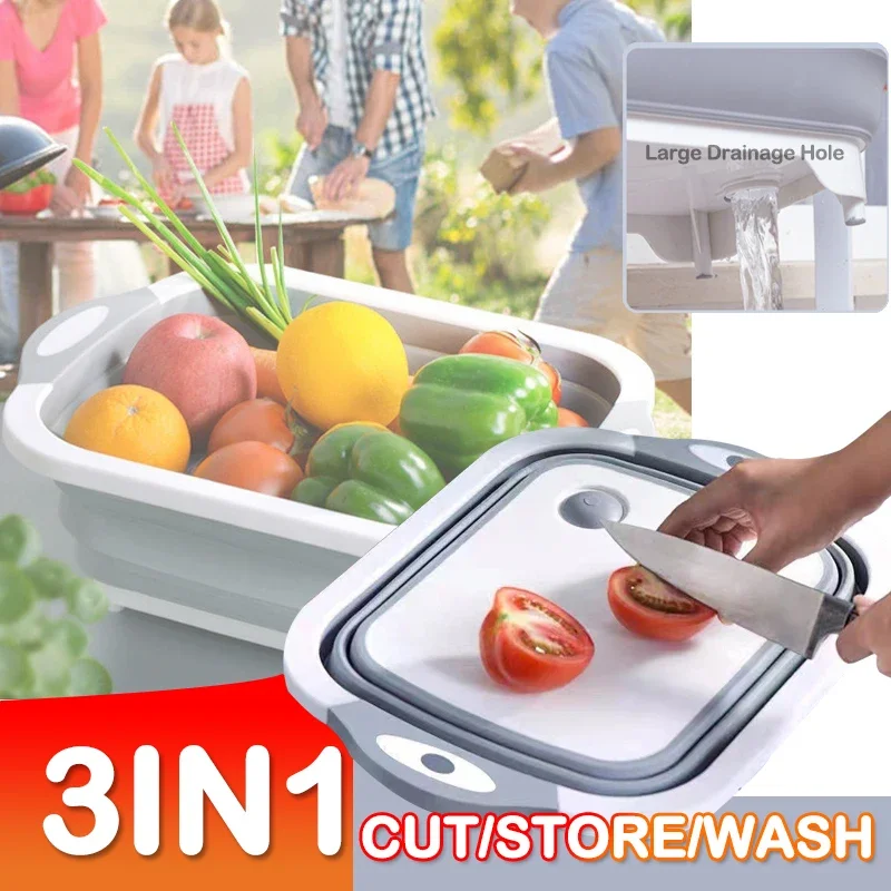 

Multi-functional Foldable Cutting Board Basket 3 in 1 Sink Dishwashing Basin Outdoor Camping Portable Cutting Board 40x30x14cm