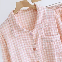 2026 Spring/Summer New Women's Sleepwear Long Set 100% Cotton Plaid Long Sleeve Long Pants Two Piece Set Collar Home Clothes - Image 5