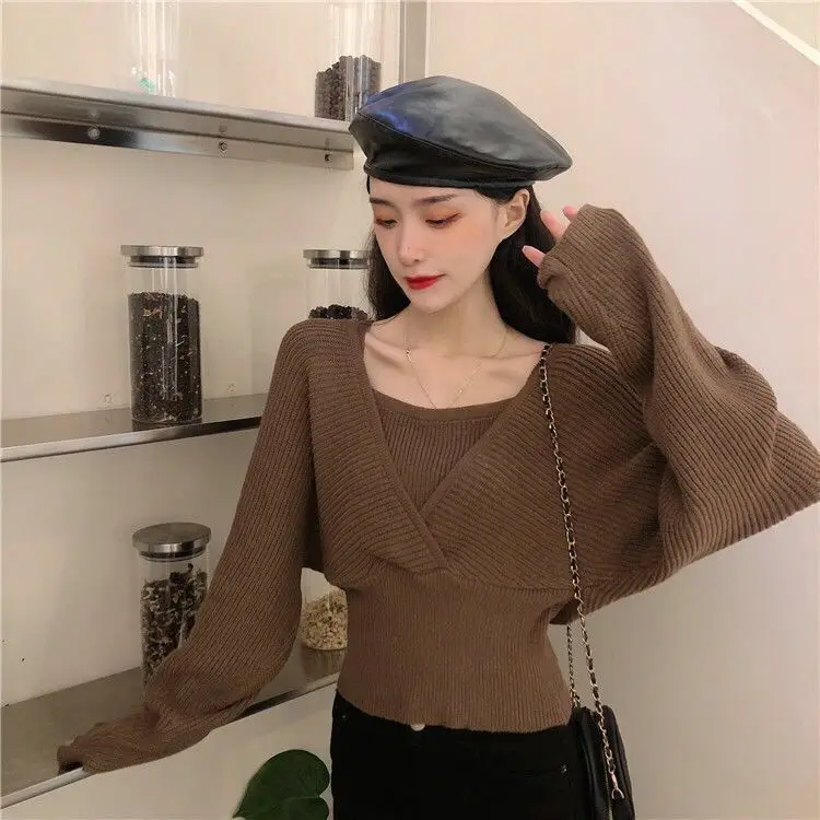 Innere Top Herbst und Winter 2025, neuer gefälschter zweiteiliger Pullover, sexy kurzer V-Ausschnitt, langärmeliger Pullover für Frauen – Detail 20