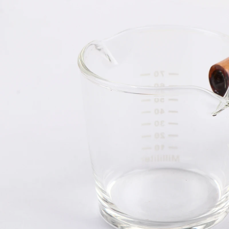 Description Picture 5 of itemMilk Cup Espresso Shot Glass With Scale Espresso Measuring Cups With Wooden Handle Double Spouts Measuring Triple Pitcher