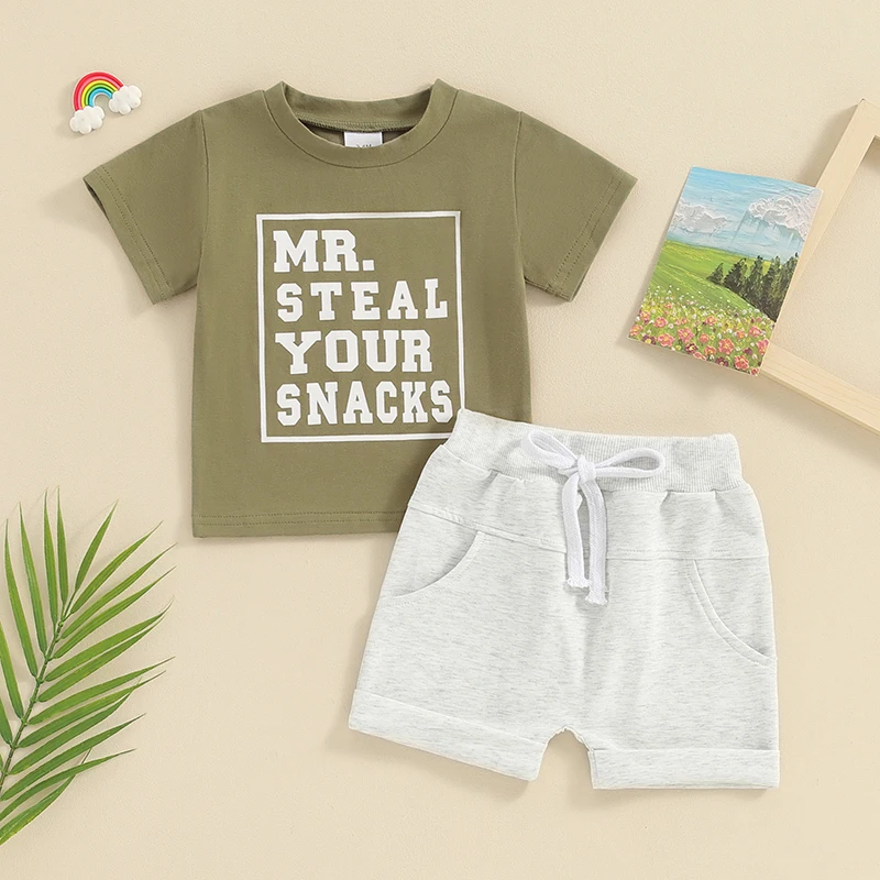 FOCUSNORM 0-3Y Toddler Baby Boys Summer Clothes Sets 2pcs Short Sleeve Letter Print Tops + Elastic Waist Shorts