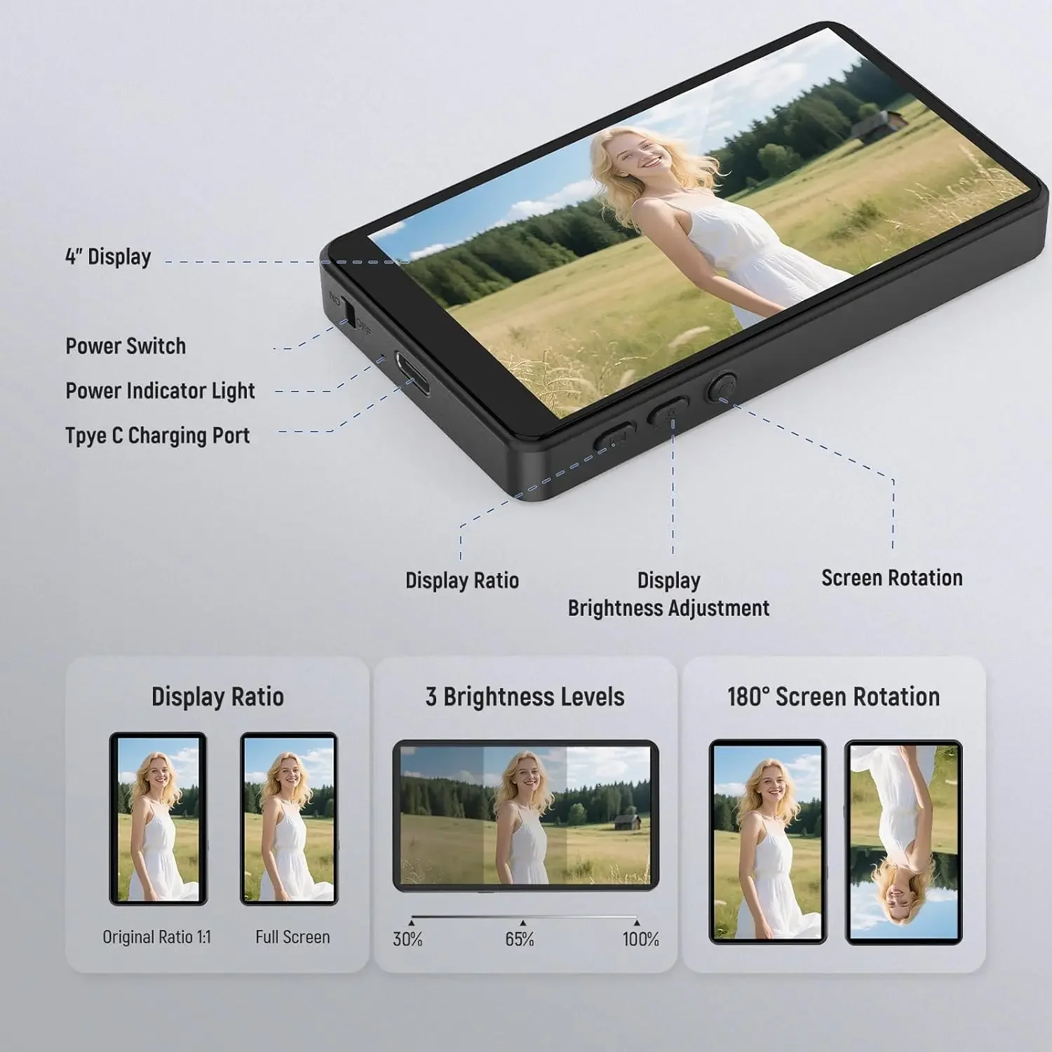 Basics 4" Magnetic Vlog Selfie Monitor Screen, Wireless Phone Back Camera Monito