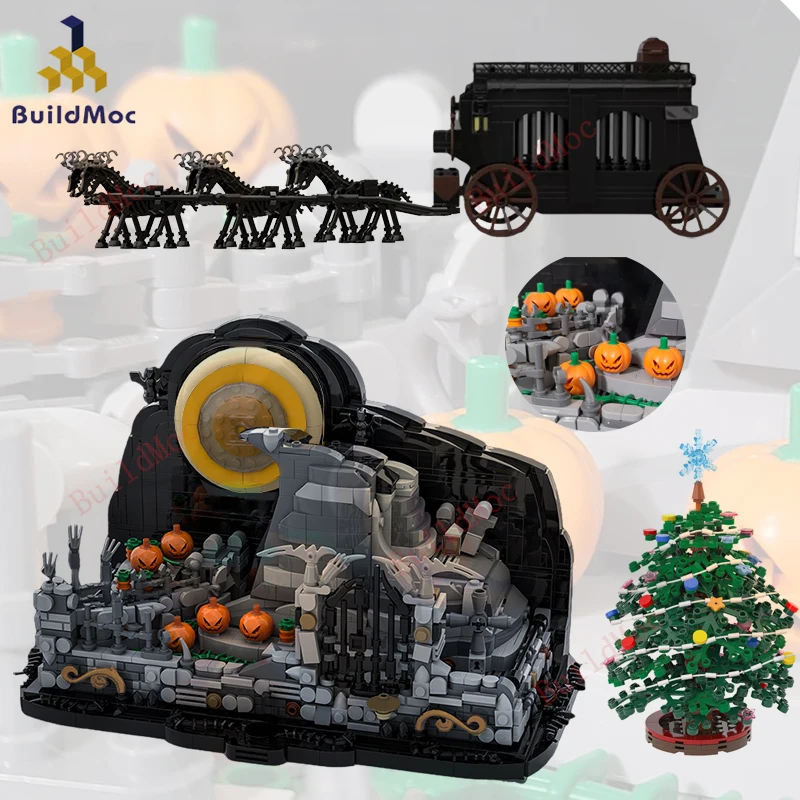 Buildmoc Halloween Pumpkin Nightmare Spiral Hill Building Blocks Set Christmas Horror Magic Ghost Skeleton House Toys Regali Di Natale