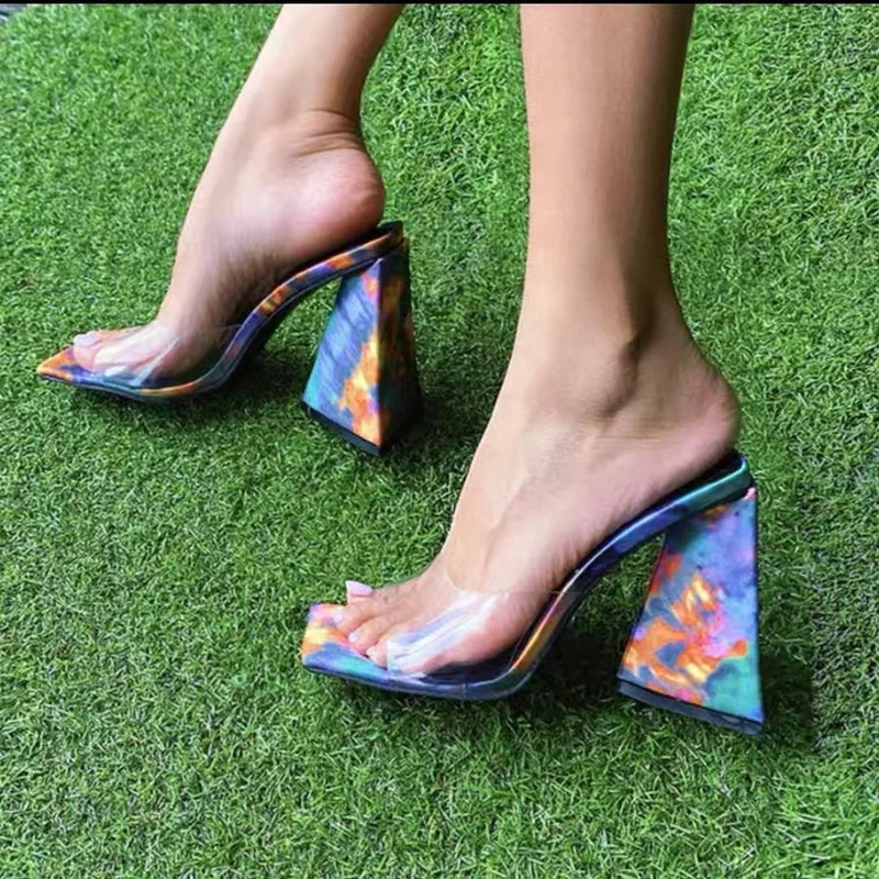 High Heel Slippers Women's Shoes 2022 Summer Europe Square Head Thick Heels Plus Size Fashion Women's Sandals and Slippers