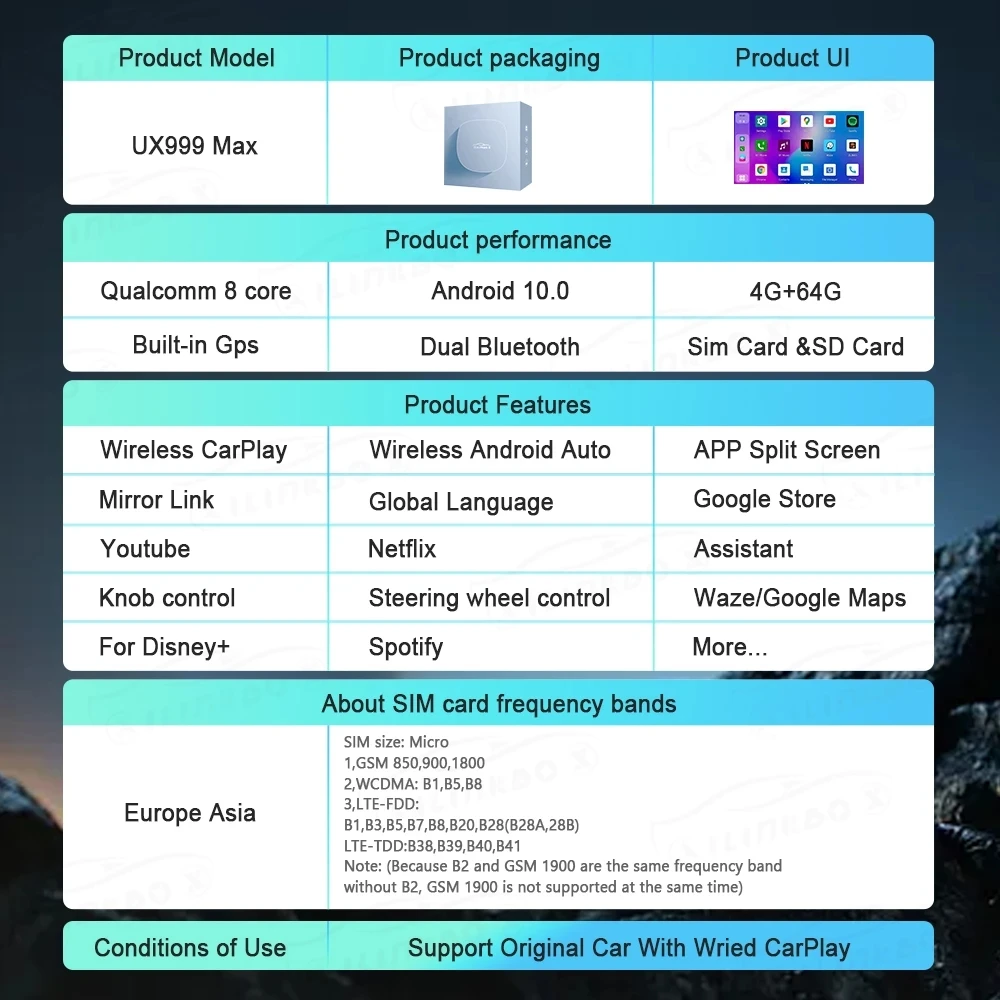 UX999  ƽ ڵ AI ڽ, ȵ̵ 10  ī÷, ȵ̵ ڵ 4G LTE SIM ̷ ,  8 ھ USB Ʃ Ƚ 