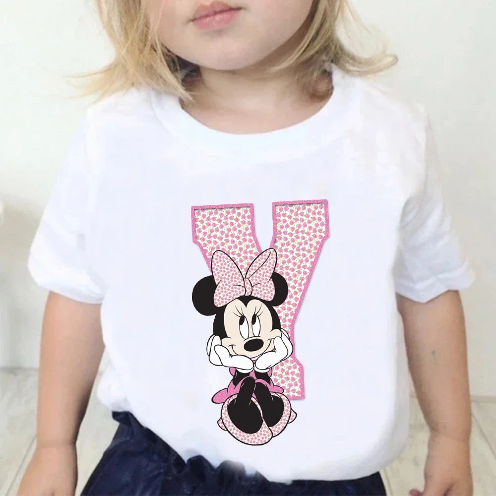 Minnie Children Cotton T-Shirts Letter A-Z Name Combination Disney Kawaii Cartoons Clothes Kids Little Boy Girl Tee Casual Tops 5