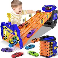 VATOS Upgraded 5 Tracks Truck Toy Cars for Boys Portable Race Track Truck Toy 5 Race Cars Carrier Vehicles Set for Kids Girls