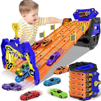 VATOS Upgraded 5 Tracks Truck Toy Cars for Boys Portable Race Track Truck Toy 5 Race Cars Carrier Vehicles Set for Kids Girls