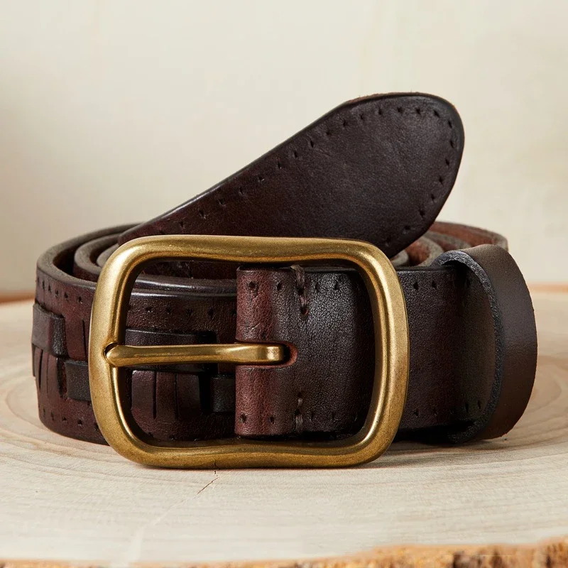 

3.8 Width Men's Weaving First Layer Cowhide Pin Buckle Belt Vintage Genuine Leather Brass Buckle High Quality Jeans Belt Luxury
