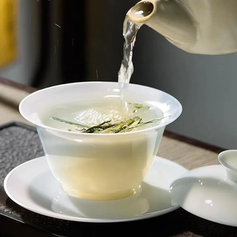 White Jade Porcelain Sancai Gaiwan Kungfu Tea Tureen Cup Household Tea Infuser Bowl Kitchen Teaware