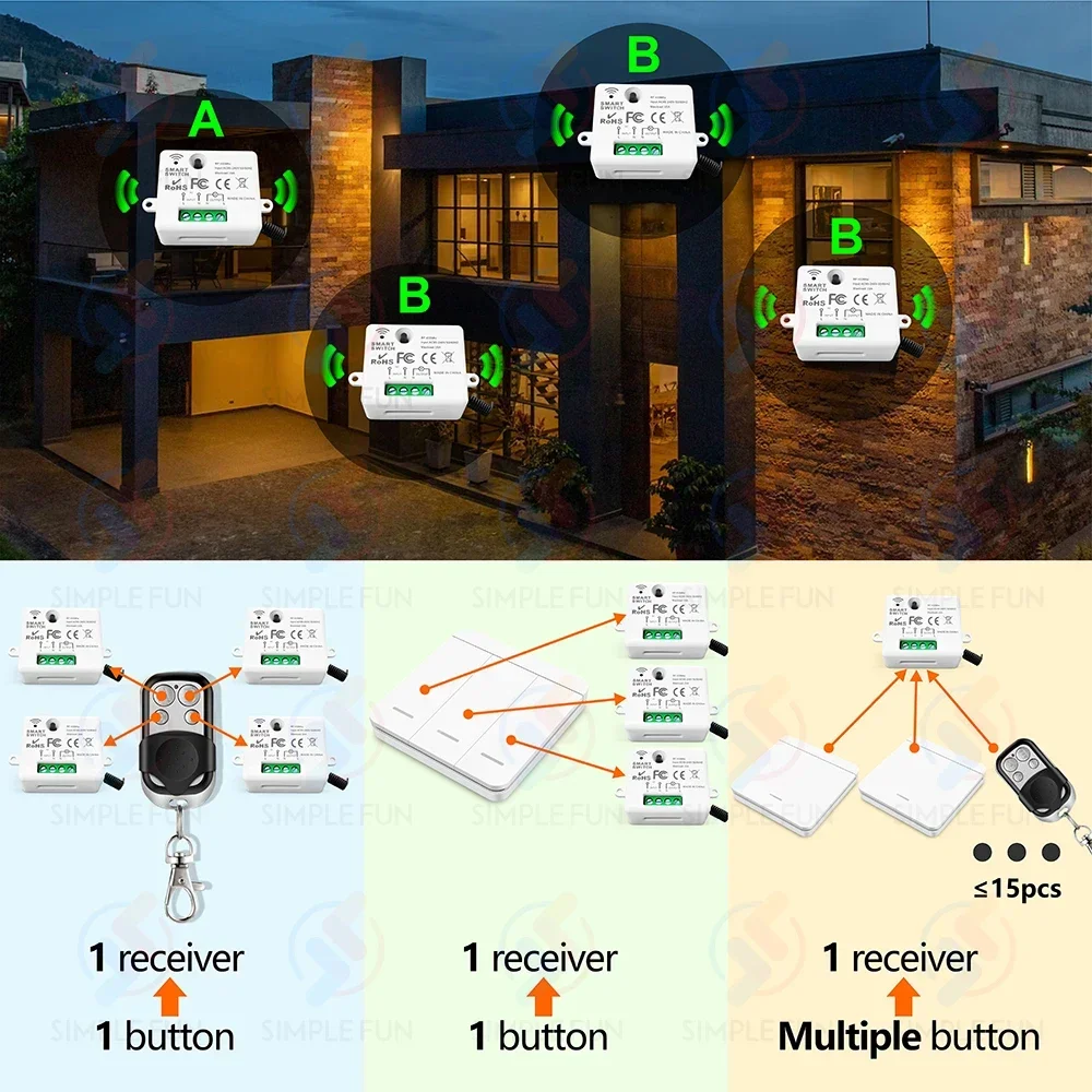 433Mhz Mini Wireless Remote Control Light Switch 220V 110V 10A,Wireless Wall Panel Switch,Mini RF Relay Module for Lamp Led Fan