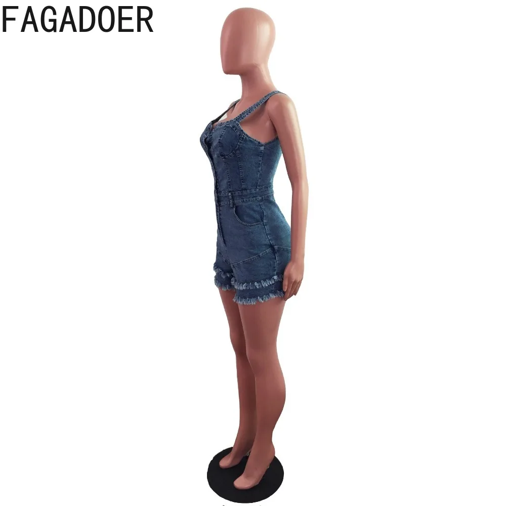 FAGADOER Fashion V Neck Button Denim Rompers Women Strap Sleeveless Bodycon Jumpsuits Blue Casual Tassels Shorts Cowboy Overalls