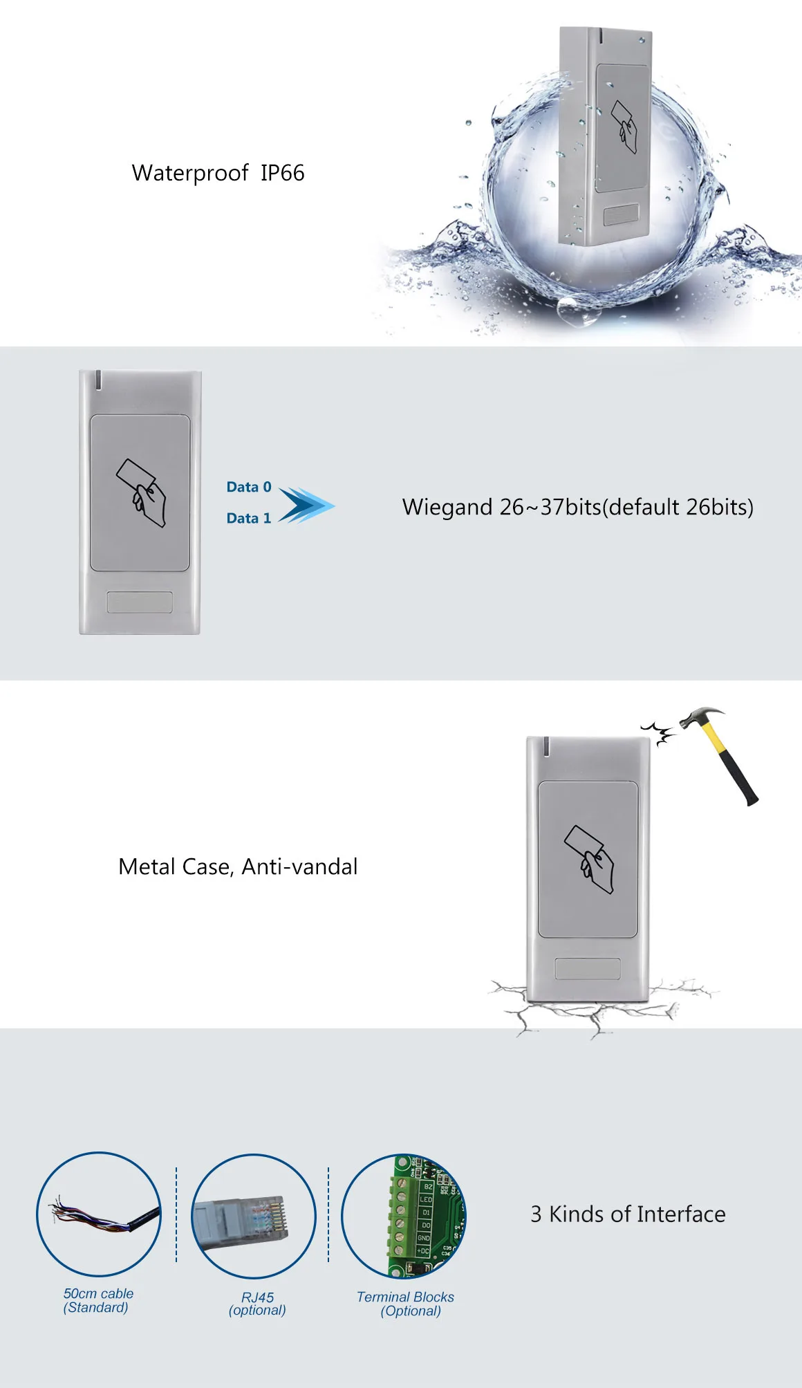 S6R IP68 Waterproof Metal Access Control LED Indicators 125KHz RFID/EM/13.56MHz