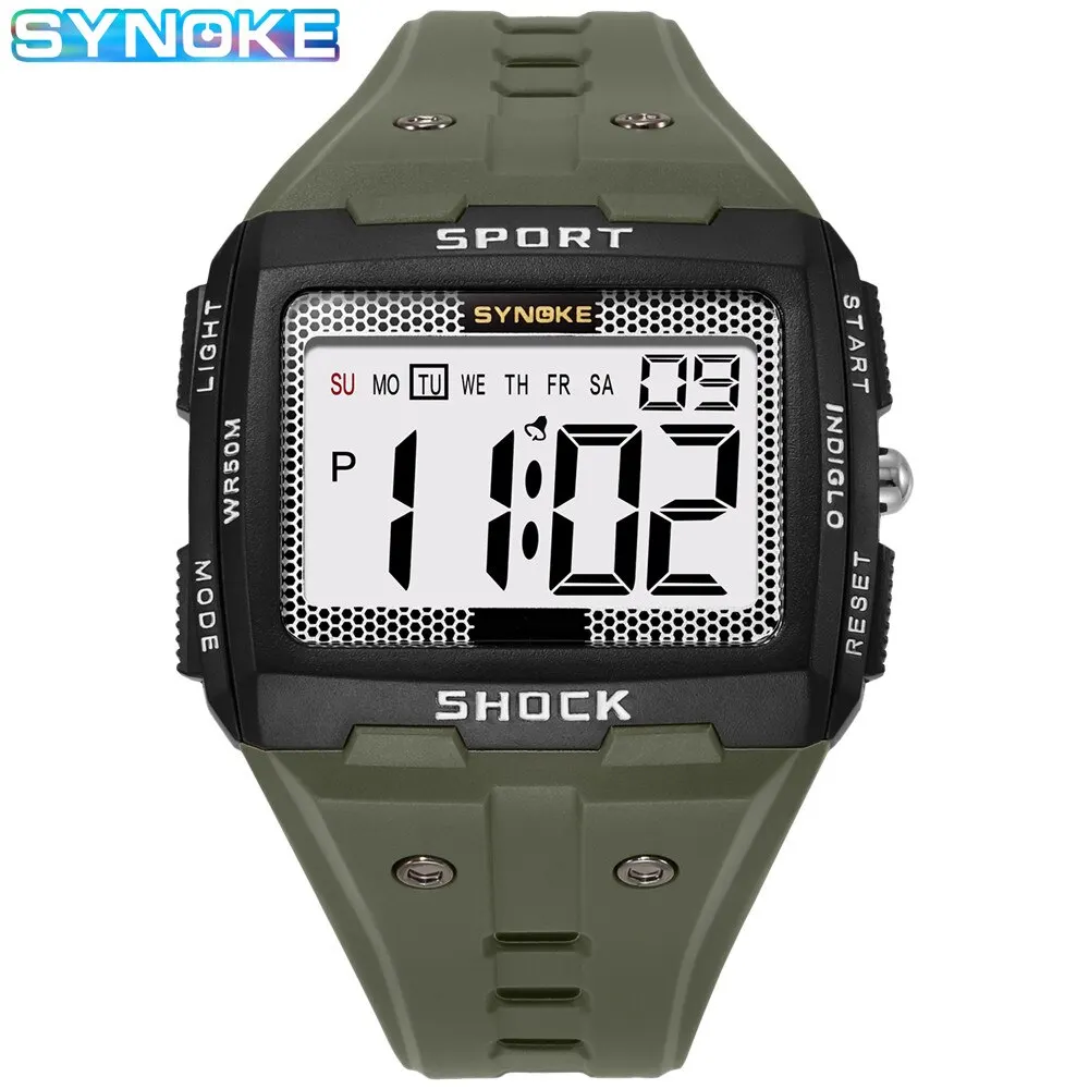 Men's Sports Waterproof Night Glow Watch - Large Screen Square Design for Outdoor Running and Camping