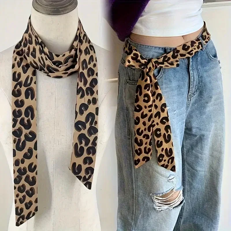 Sciarpa Skinny Stampa Leopardata Per Donna - Sottile In Raso - Lunga 192 Cm Per Borsa E Capelli