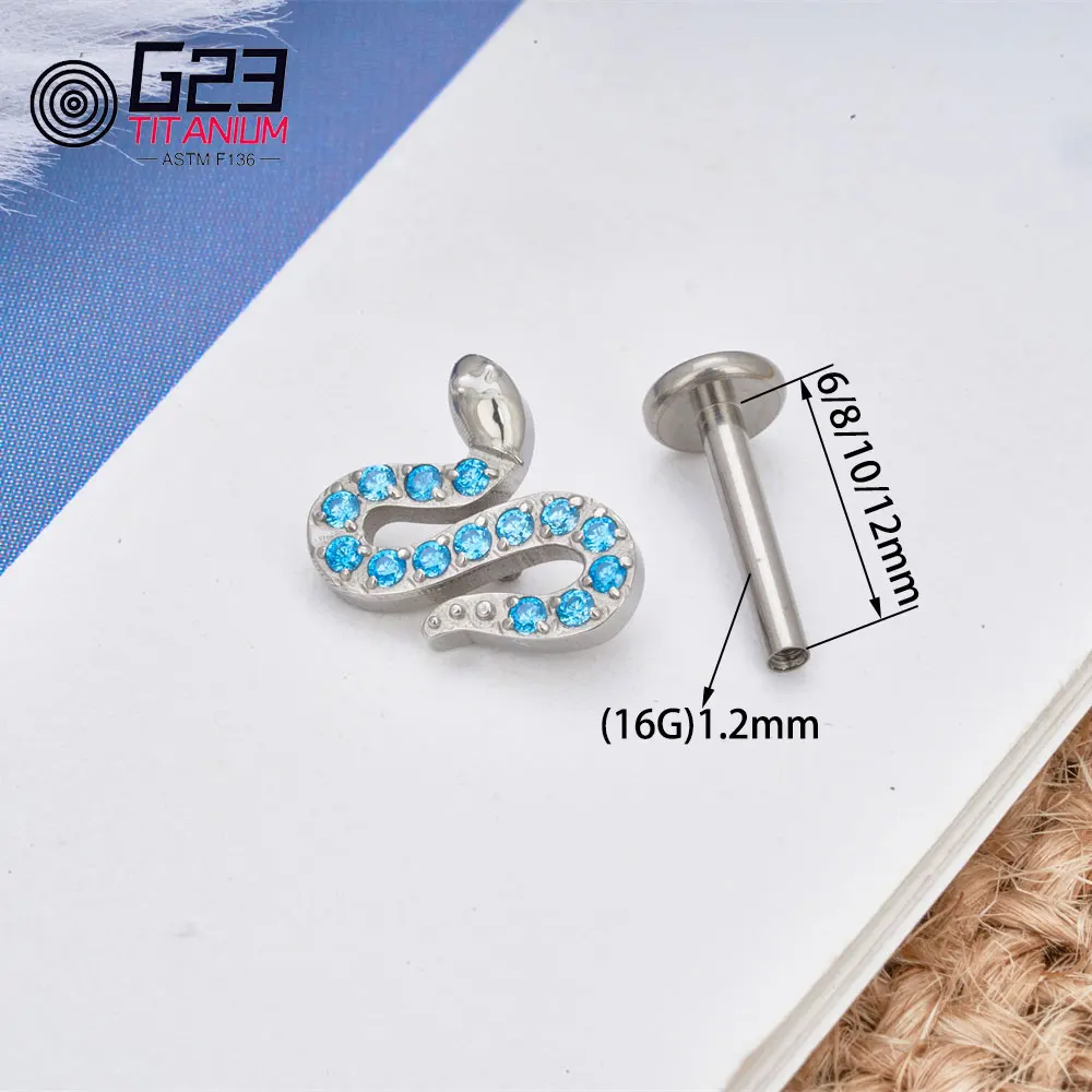 ASTM F136 Titanium 16G Snake Cubic Zirconia Nose Labret Stud Earring Tragus Conch Helix Cartilage Lobe Ear Piercing Body Jewelry