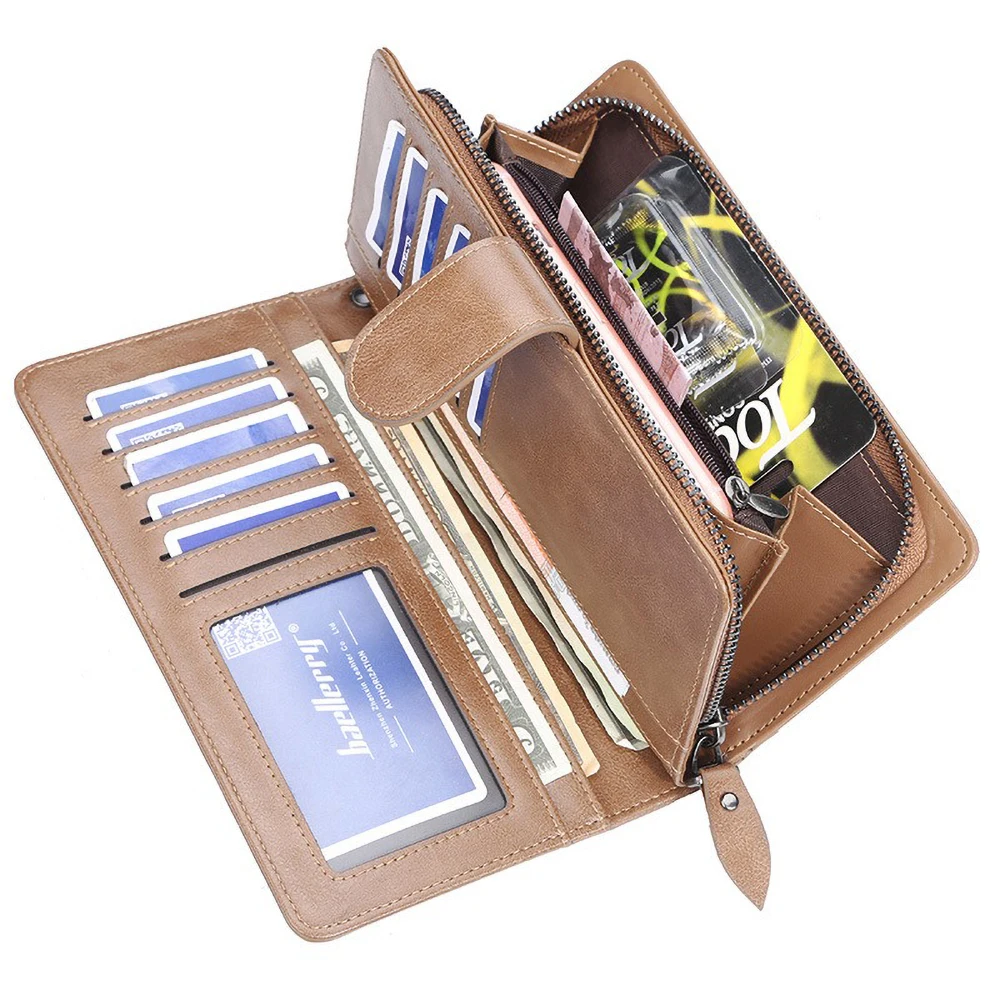 Baellerry Men's Long PU Wallet with Snap Button & Zipper Large Capacity Multi - Card Slots Organized Compartments Casual Clutch