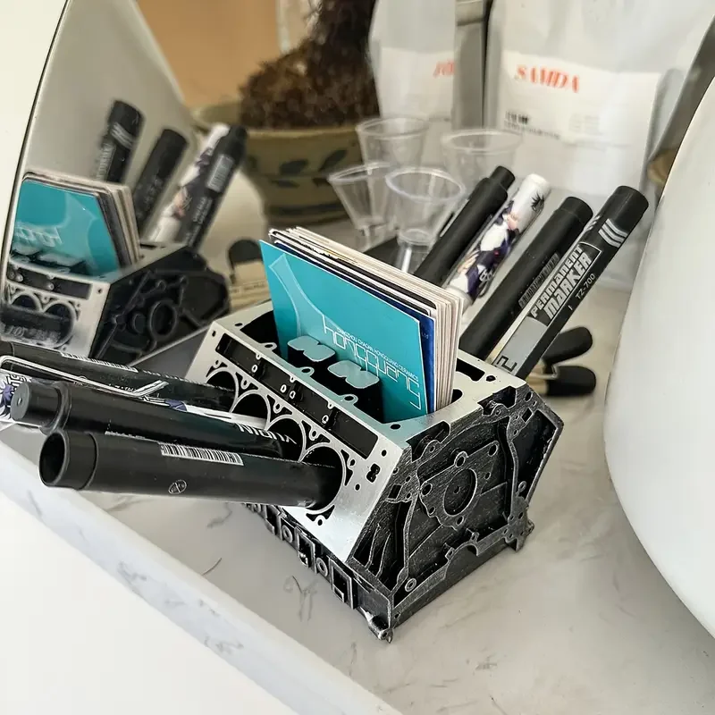 Pen Holder Pen And Brush Holder Desk Organizer Desk Storage Rack Miniso Creative Engine Block Desk Organizer Business Card Holder For Car Enthusiasts Resin Construction