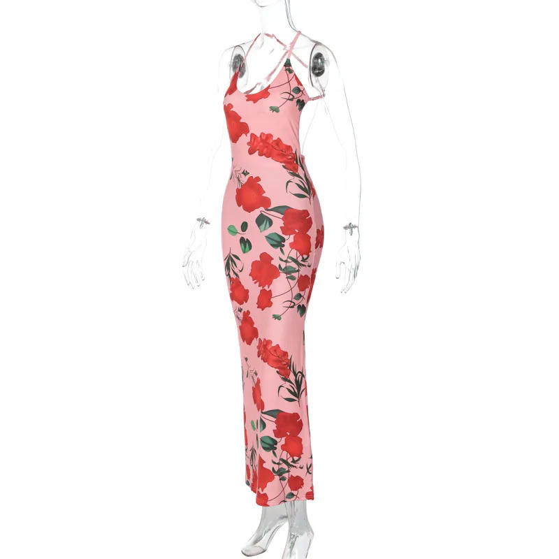 Vestido de moda con espalda descubierta y estampado para mujer, estilo vendaje, ajustado, elegante, de fiesta, con cordones, sexy, largo, para verano 2025