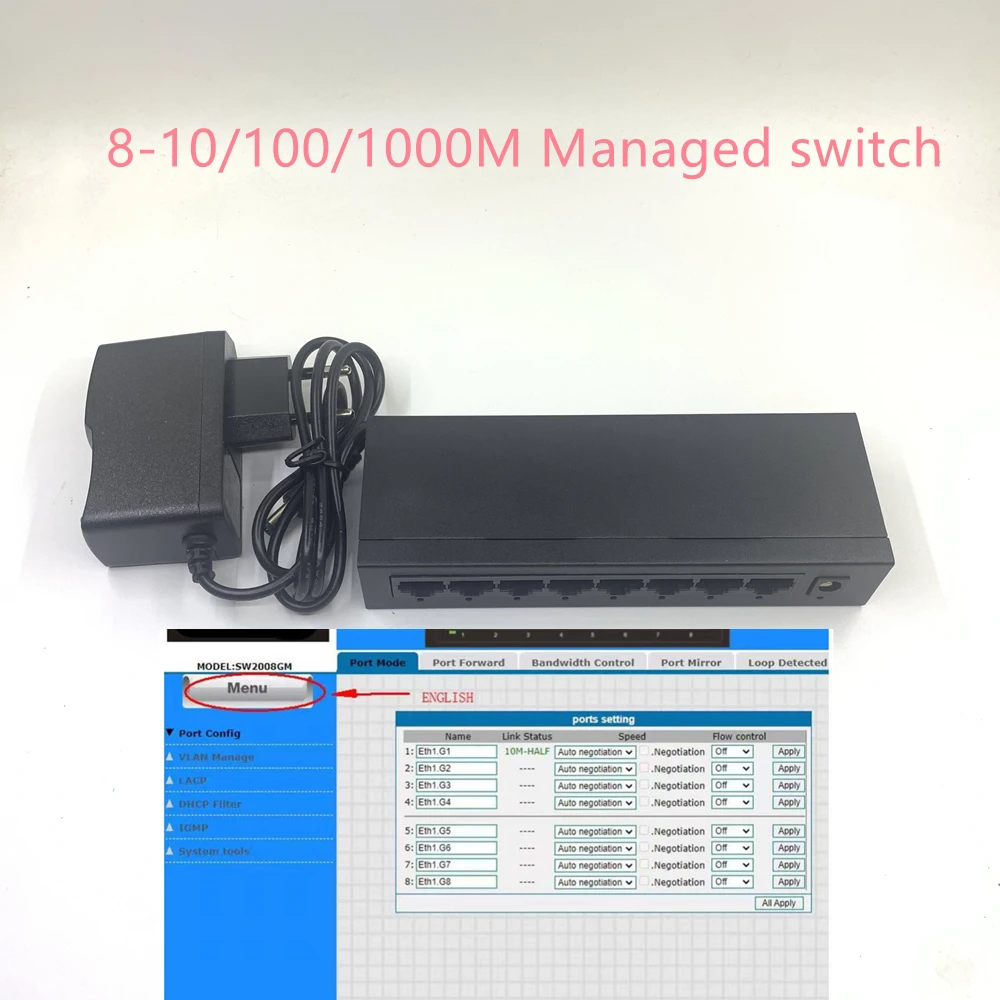 8-port 1000M managed switch VLAN/DHCP/LACP/IGMP Ethernet 10/100/1000Mbps Switch 192.168.1.1 gateway HUB | Компьютеры и офис