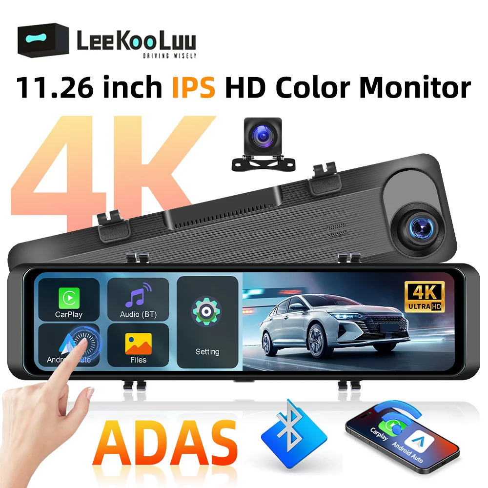 

LeeKooLuu 11.26" Car Rear Mirror 4K Loop Recording Forward Camera Wireless Carplay & Android Auto DVR Bluetooth Back View Camera