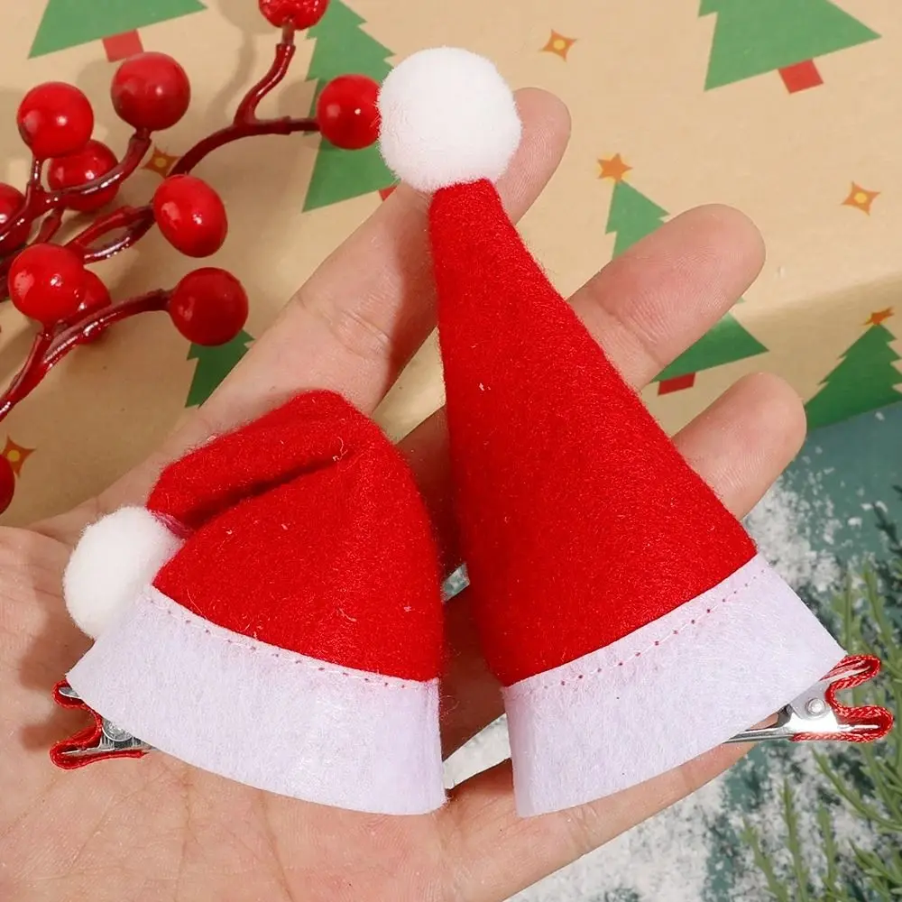 Mini sombrero de Navidad rojo de 10 piezas, pinzas para el pelo de Papá Noel hechas a mano, horquillas de Navidad