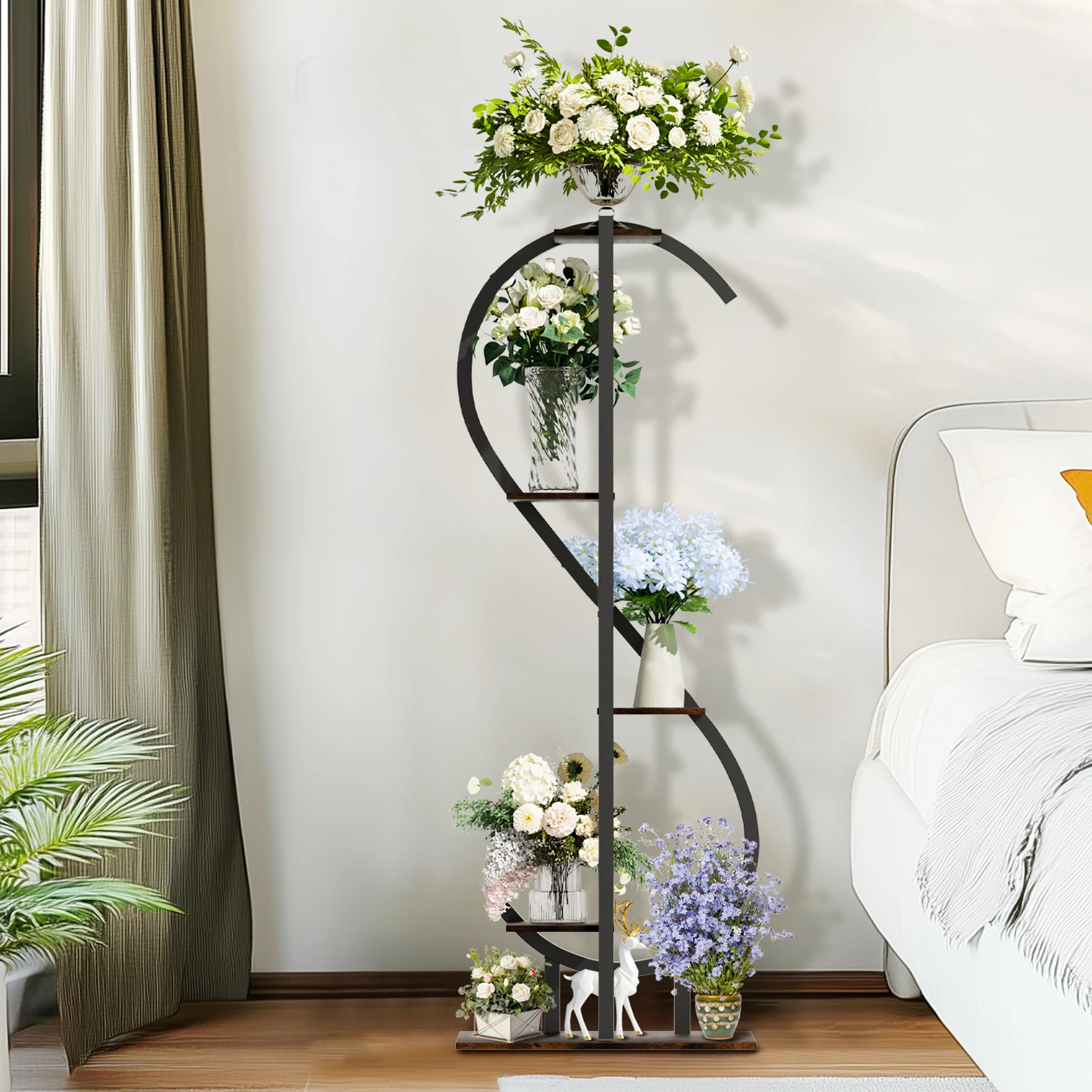 5-Tier S-Shaped Indoor Plant Stand with Hanging Hooks Gardening Tools Aesthetic Corner Plant Shelf for Tall Plants Multipurpos