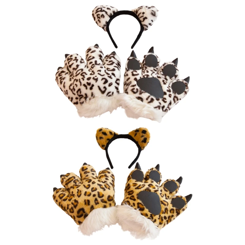 

Adult Kids Plush Leopard Cosplay Costume Set Ears Headband 3D Animal Paw Gloves Stuffed Mittens Party Supplies