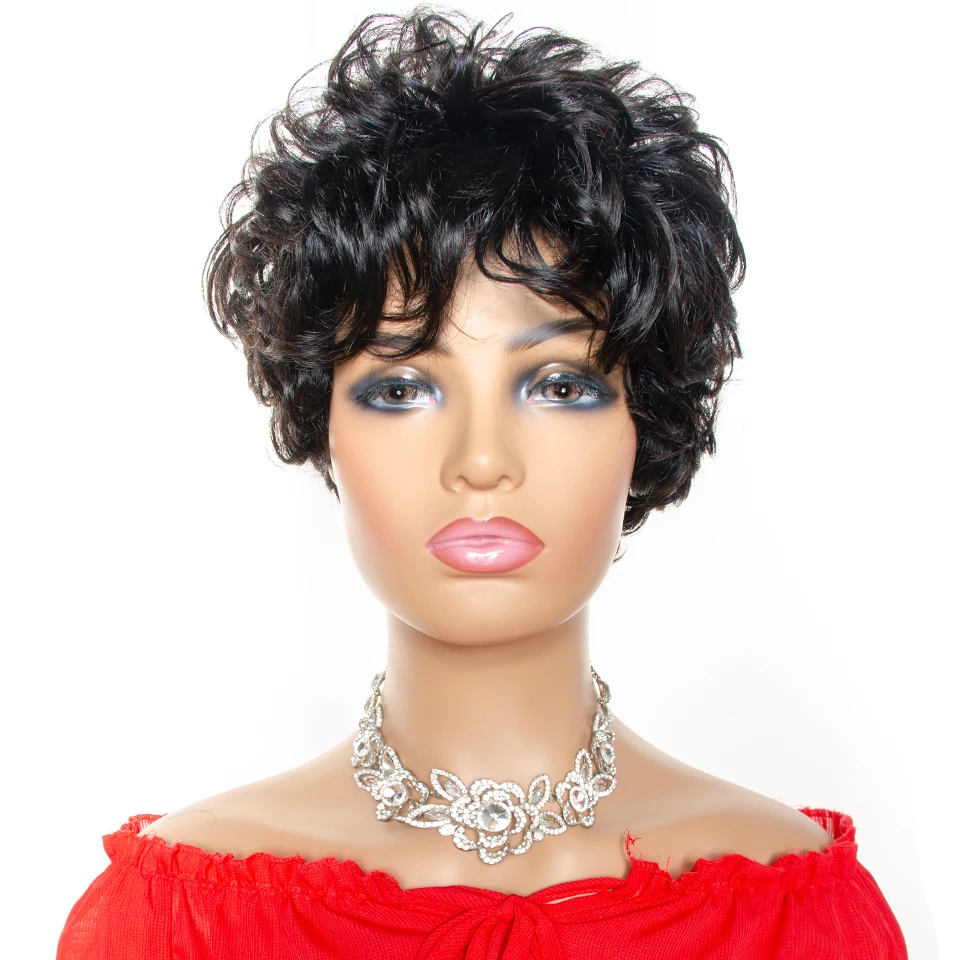 Short Human Hair Wigs Pixie Cut Wig With Bangs Brazilian Loose Curly Full Machine Made Wigs For Women Remy Hair 0051