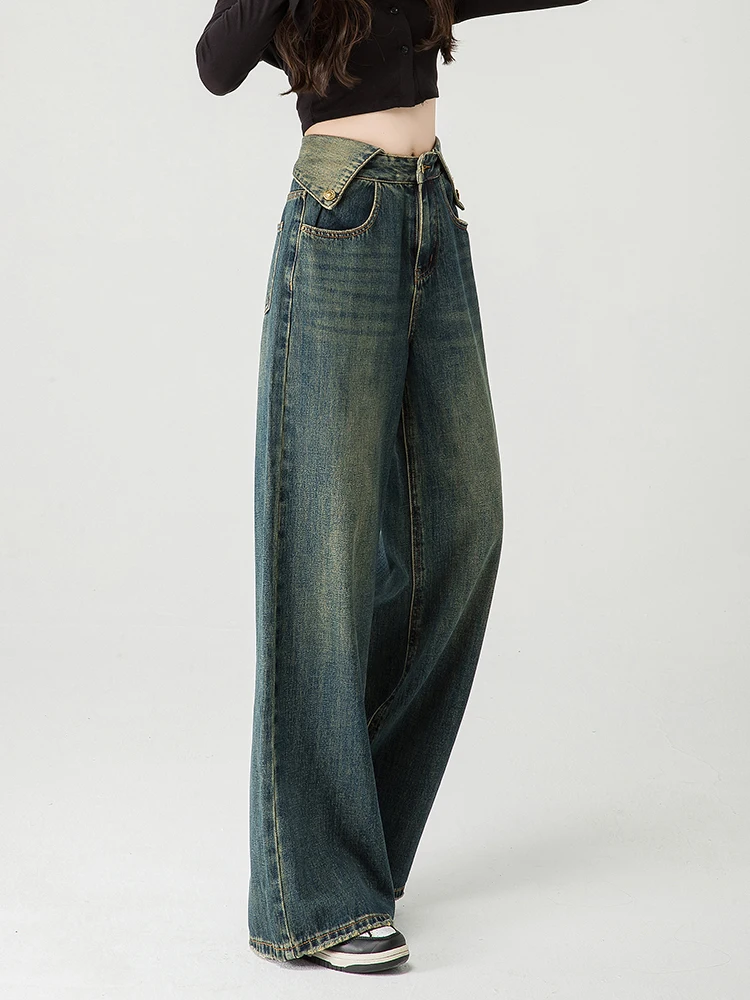 American Retro Straight Jeans Female 2024 Wide Leg Pants Women Zipper High Waist Denim Trousers Casual Lepal Waist Pants Women