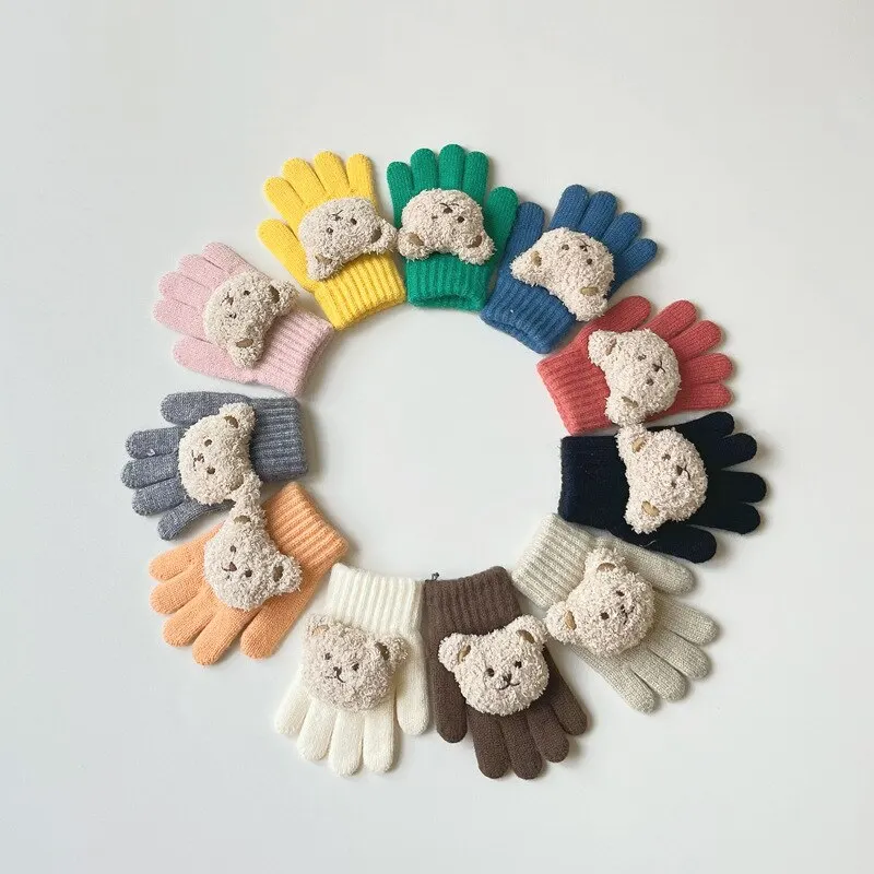 Cartoon Bear Baby Knitted Gloves Autumn Winter Warm Full Finger Mittens for Boys Girls Solid Color Soft Comfortable Cute Childre