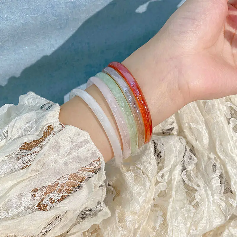 Natural Thin Bangle Bracelet Handcarved Agate Glass Jadeite Jade Jewelry For Women