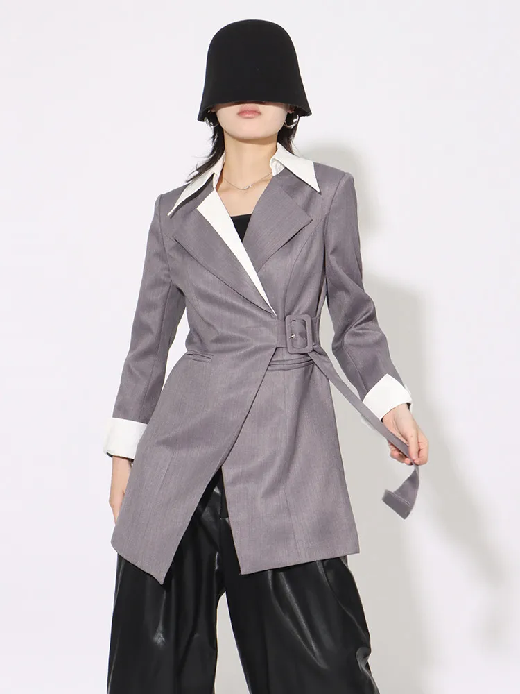 BPN Casual Hit Color Blazers For Women Notched Collar Long Sleeve Patchwork Belts Temperament Blazer Female Fashion Clothing New