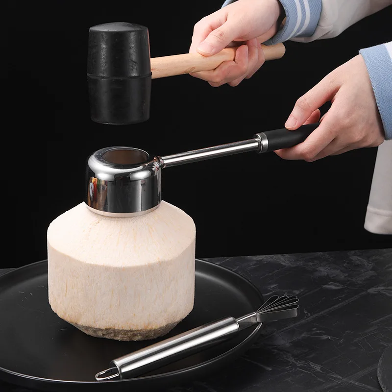 Stainless steel coconut opener, coconut meat planer, rubber hammer, green and tender opening tool