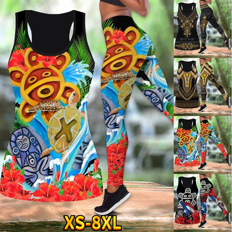 

New Summer African Gold Pattern Hip Tight Women's Slim Yoga Pants and Tank Top Fitness Leggings Stretch High Waist Suit XS-8XL