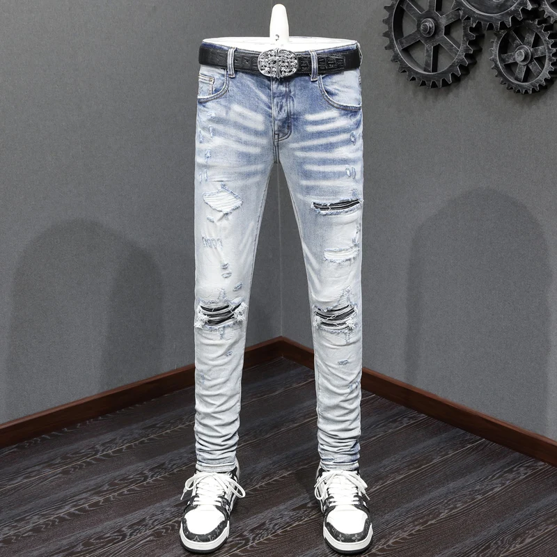 Street Fashion Men Jeans Retro Light Blue Leather Patched Skinny Fit Ripped Jeans Men Brand Designer Stretch Hip Hop Denim Pants