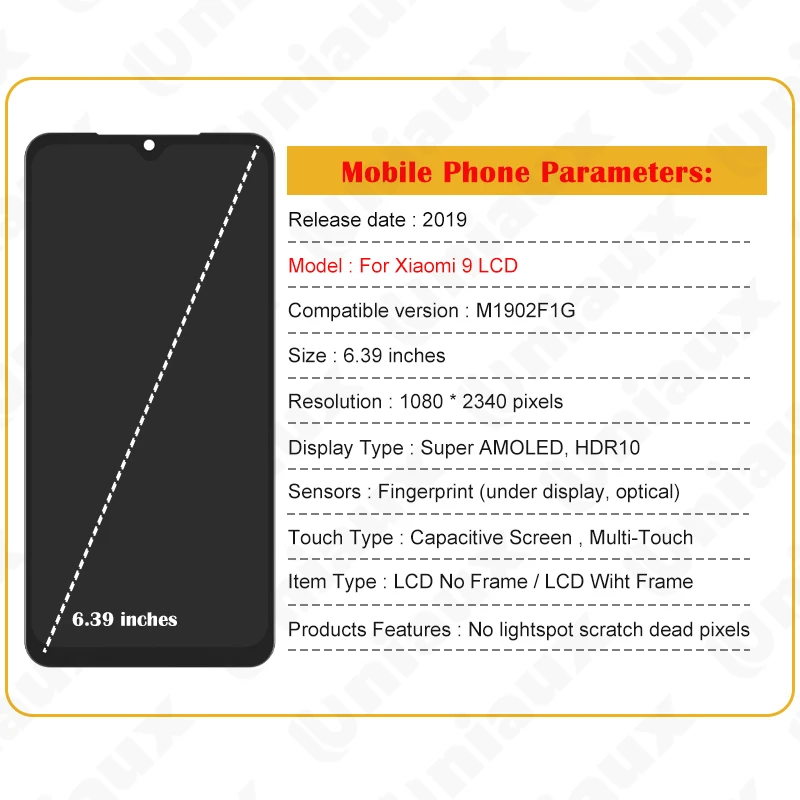 6.39'' Original AMOLED For Xiaomi Mi 9 M1902F1G LCD Display Touch Screen Digitizer Assembly For Xiaomi 9 LCD Screen Replacement