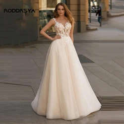 RODDRSYA Soft Tulle Lace Appliques A-Line Wedding Dress 2023 Boho Sleeveless O-Neck Button Vestidos De Novia Beach Bride Gowns